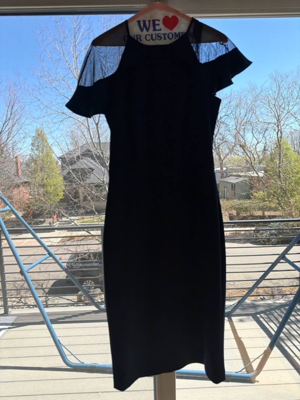 Eliza J Sheer Ruffle Shoulder Cocktail Dress Navy Midi Scuba Crepe Size 8 - Picture 11 of 11